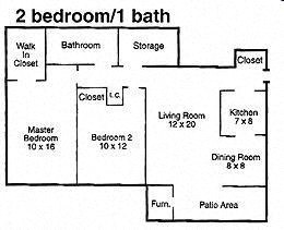 Floor plan for 2 beds, 1 bath, 1085 sqft